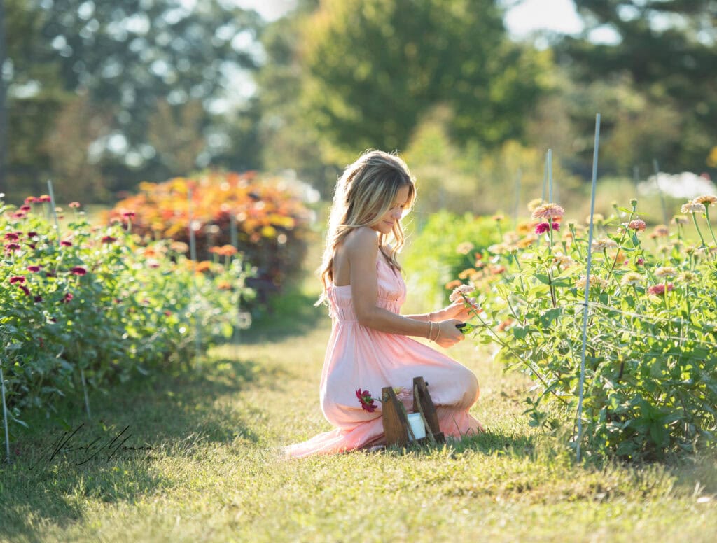 A girl in a long flowy pink dress sitting in a flower field during golden hour. She is cutting flowers for her bucket and the sun is in her hair, during her  senior session in Columbus, Ga.